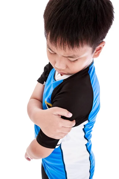 Sports injure. Asian child injured at shoulder. Isolated on white background. — Stock Photo, Image