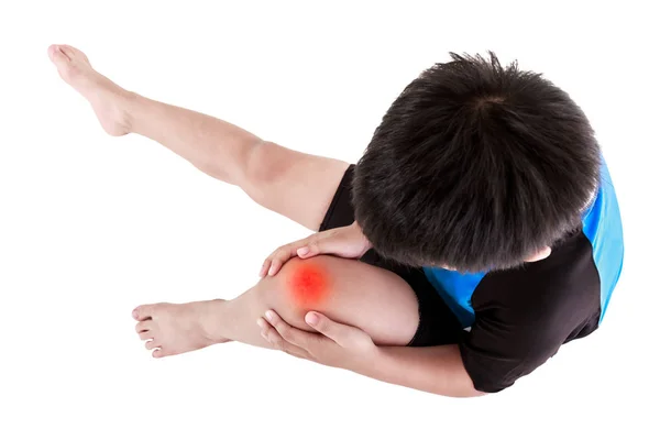 Sports injure. Asian child cyclist injured at knee. Isolated on white background. — Stock Photo, Image