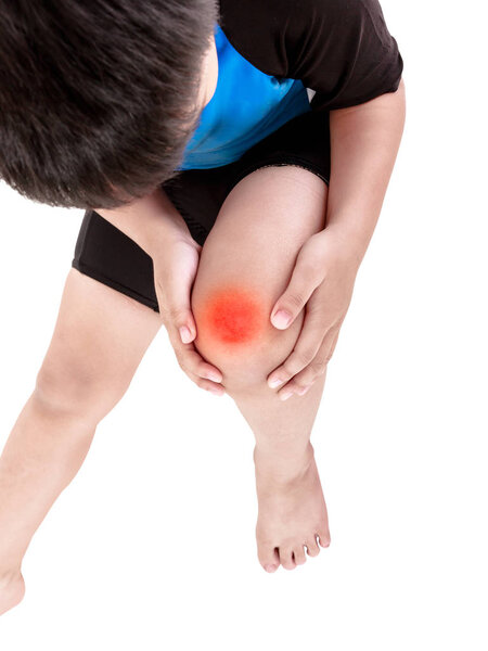 Sports injure. Asian child cyclist injured at knee. Isolated on white background. 