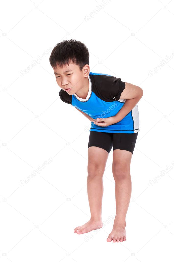 Asian child athletes suffering from stomachache. Isolated on white background.