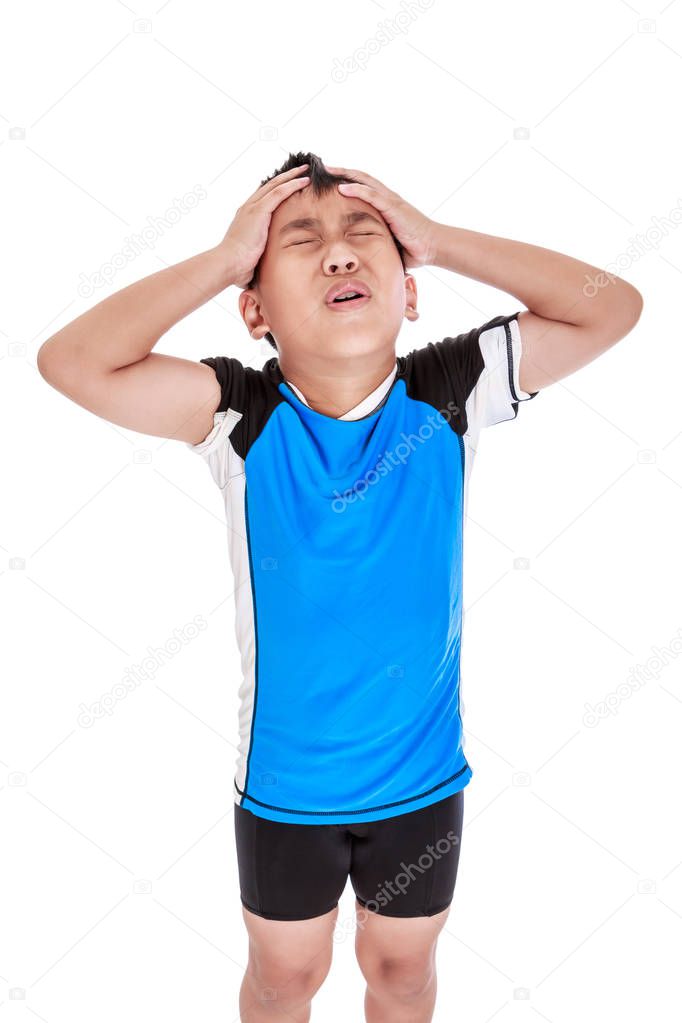 Asian young cyclist have a headache. Isolated on white background.