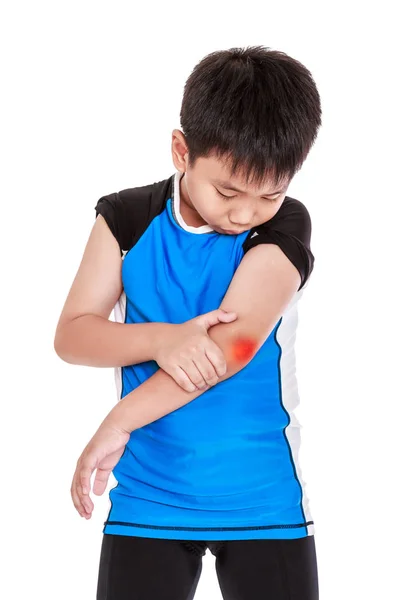 Asian child cyclist injured at elbow. Isolated on white background. — Stock Photo, Image