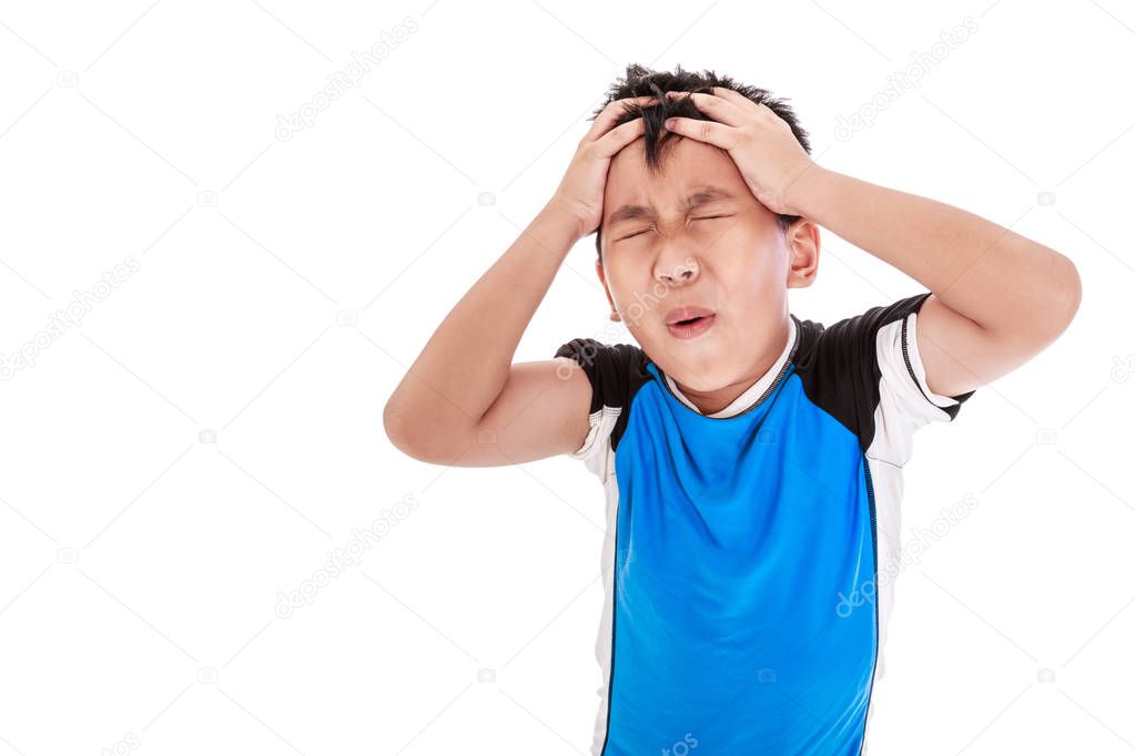 Asian boy have a headache. Isolated on white background. 