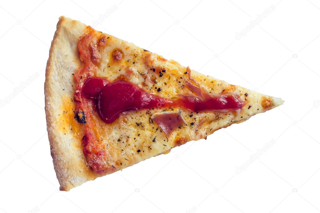 Top view of PIZZA with ham, mushrooms, basil, cheese and tomato sauce. Isolated on white background.