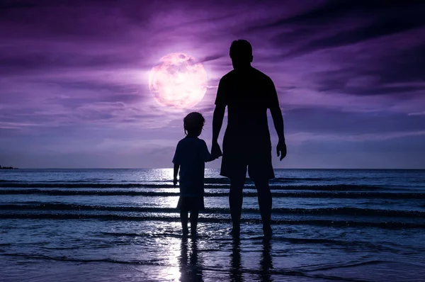 Силуэт ребенка, держащегося за руки своего отца, стоящего в море . — стоковое фото