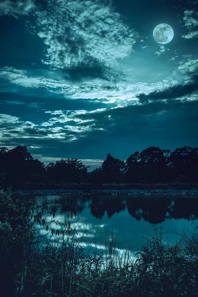 Céu com lua escura nublada e cheia acima de silhuetas de árvores e lago tranquilo . — Fotografia de Stock