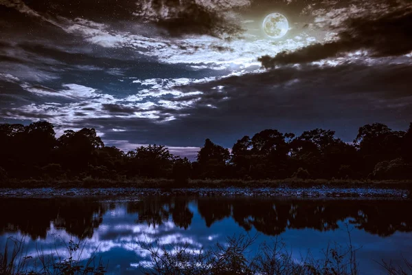 Ciel avec de nombreuses étoiles et pleine lune au-dessus des silhouettes des arbres et du lac . — Photo