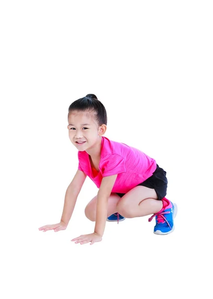 Full body of asian child smiling and sitting at studio. Isolated on white background. — Stock Photo, Image