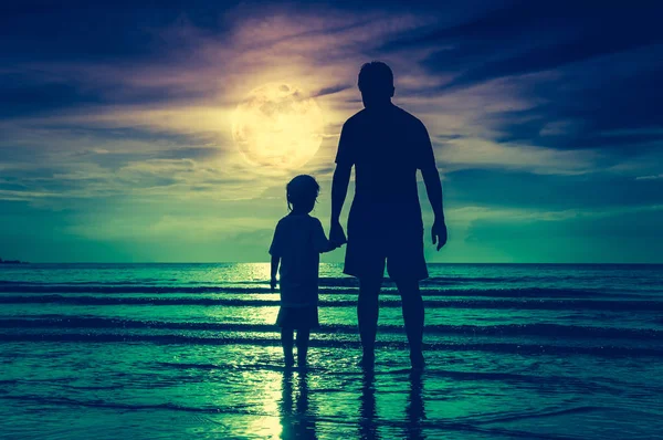 Силуэт ребенка, держащегося за руки отца, стоящего в море. День отца . — стоковое фото