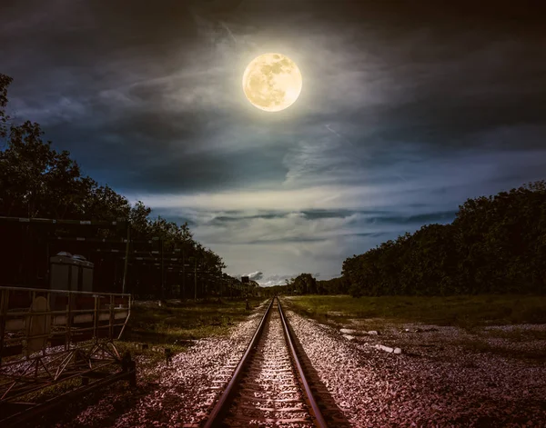 Night sky and full moon above silhouettes of trees and railway. — Stock Photo, Image