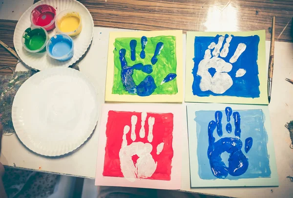 Top view of finger painting. Colored hand print of watercolor. P — Stock Photo, Image