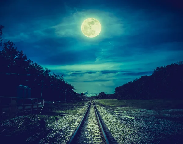 Cielo nocturno y luna llena sobre siluetas de árboles y ferrocarriles . — Foto de Stock