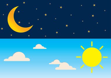 Gece ve gündüz güneş, süper ay, bulutlar ve birçok yıldız ile serisi zaman kavramı. Eps10