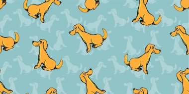 Vektör çocuk sevimli çizgi köpek yavruları seamless modeli tarzı yeşil arka plan üzerinde çizim serbest.