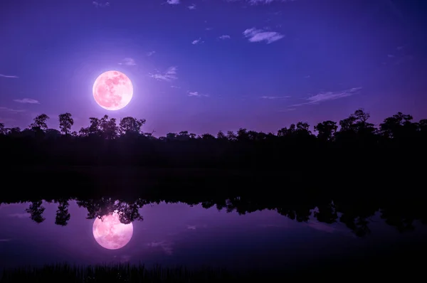 Фантазійне небо і яскравий повний місяць над силуетами дерев і річки . — стокове фото