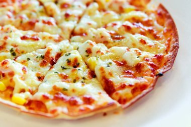Tortilla Pizza mozzarella peyniri, reklam için beyaz tabakta imitasyon yengeç sopa ile.