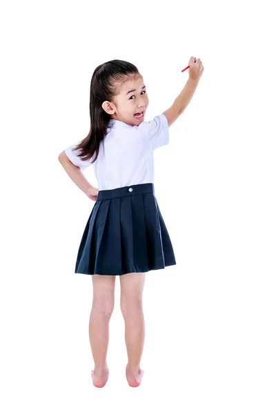 Asian girl laughing and holding red crayon. Isolated on white background. — Stock Photo, Image