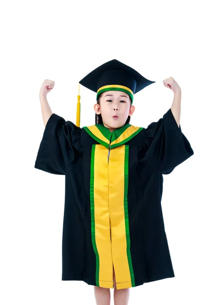 Enfant asiatique en robe de remise des diplômes les mains en l'air. Isolé sur wh — Photo