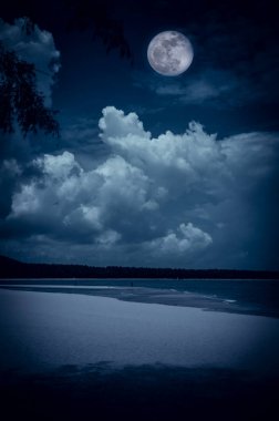 Güzel manzaralı gece deniz manzarası üzerinde. Çekici parlak dolunay bulutlu karanlık mavi gökyüzü üzerinde. Serenity doğa geçmiş, açık havada vasıl gece. Kendi fotoğraf makinesi ile çekilen ay.
