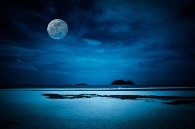 Gece deniz manzarası güzel tropikal plaj. Çekici parlak dolunay bulutlu karanlık gökyüzü üzerinde. Serenity doğa arka plan. Vintage filtre efekti. Benim fotoğraf makinesi ile çekilen ay.