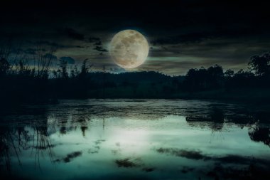 Landscape of dark night sky and beautiful bright full moon.