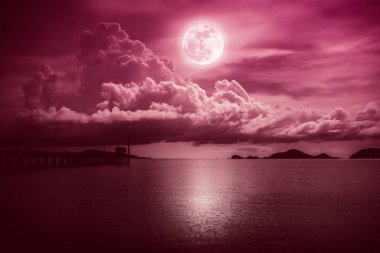 Dolunayda gece deniz manzarası ile gökyüzü manzara. Serenity doğa arka plan.