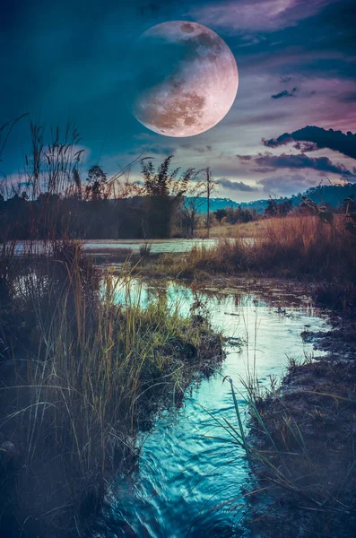 Tájkép éjszaka az erdei tóban, fogy és sötétség ég szuper hold a háttérben. — Stock Fotó