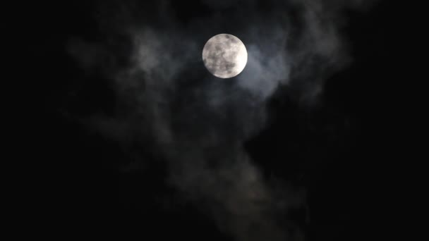 Schöner Vollmond Der Hell Dunklen Himmel Scheint Schnelle Schwarze Wolken — Stockvideo