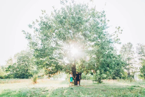 Liefdesverhaal Van Een Koppel Verloving Zomer Een Groen Veld — Stockfoto