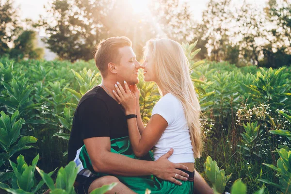 Kärlekshistoria Ett Par Förlovning Sommaren Ett Grönt Fält — Stockfoto