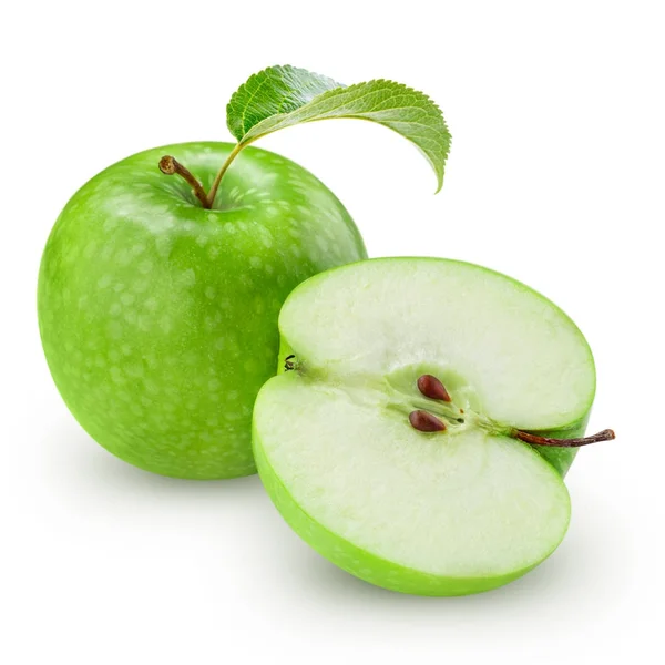 Зеленое яблоко с листом — стоковое фото