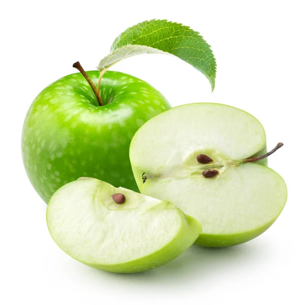 Зеленое яблоко с листом — стоковое фото