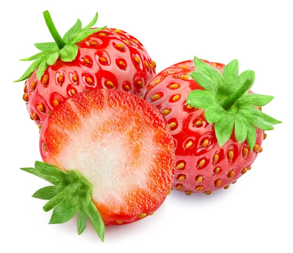 草莓剪枝路径 在白色上分离的新鲜草莓 实地的全部深度 — 图库照片
