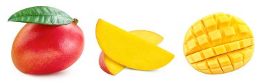 Kırmızı mango koleksiyonu beyaz arka planda izole edildi. Mango kırpma yolu. Mango meyveleri