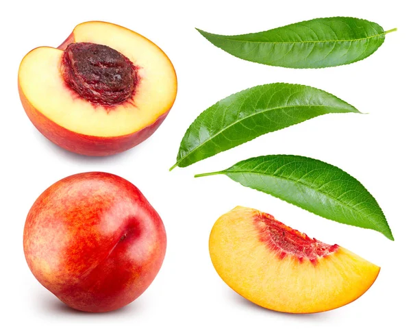 Pfirsichsammlung Reife Pfirsichfrüchte Und Scheibe Mit Blatt Isoliert Auf Weißem — Stockfoto