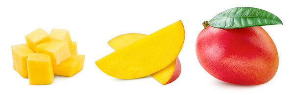 Collection mango isolated on white background. Mango leaf clipping path. mango macro studio photo.