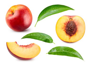 Şeftali koleksiyonu. Olgun şeftali meyvesi ve beyaz arka planda yapraklı dilimler. Taze organik meyve.