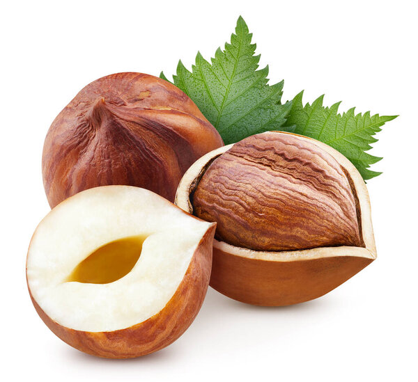 Орех с листьями. Hazelnut грейпфрут изолирован на белом фоне. Ореховый макро. С обрезанием пути
