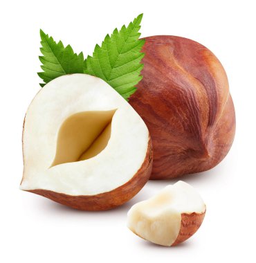 Fındıklı. Fındık, beyaz arka planda izole edilmiş. Fındık kesme yolu.