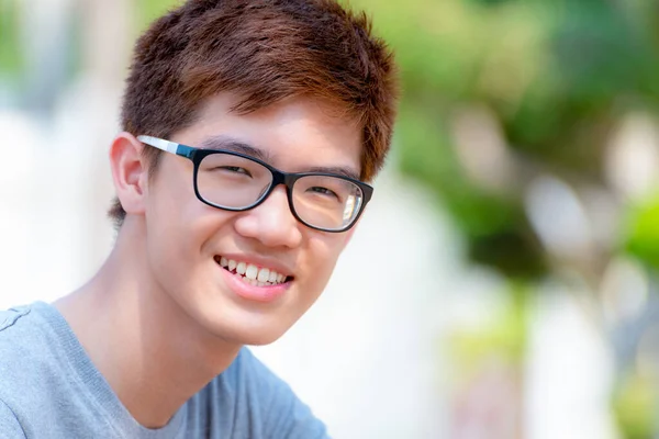 Closeup Face Asian Handsome Teenage Boy Wearing Glasses Portrait Cheerful — Stockfoto