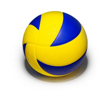 Yakın plan sarı voleybol spor ekipmanları yukarıdan gelen ışık, aşağıdan yansıyan gölgeler, kare beyaz arka planda izole edilmiş deri voleybol objesi