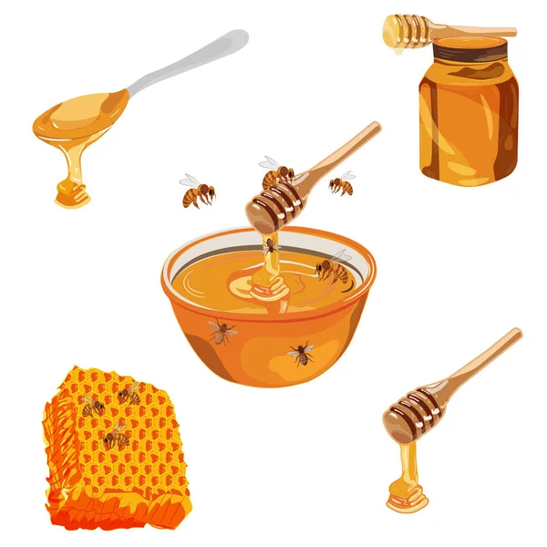 Natürliche Florale Honig Bunten Rahmen Mit Waben Gänseblümchen Blumen Bienen — Stockvektor