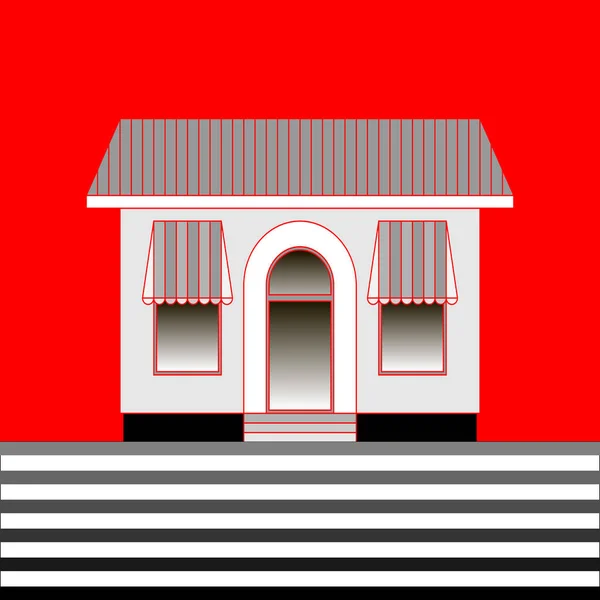 Cafe or shop with transparent windows with awnings on red background. — Stock Vector