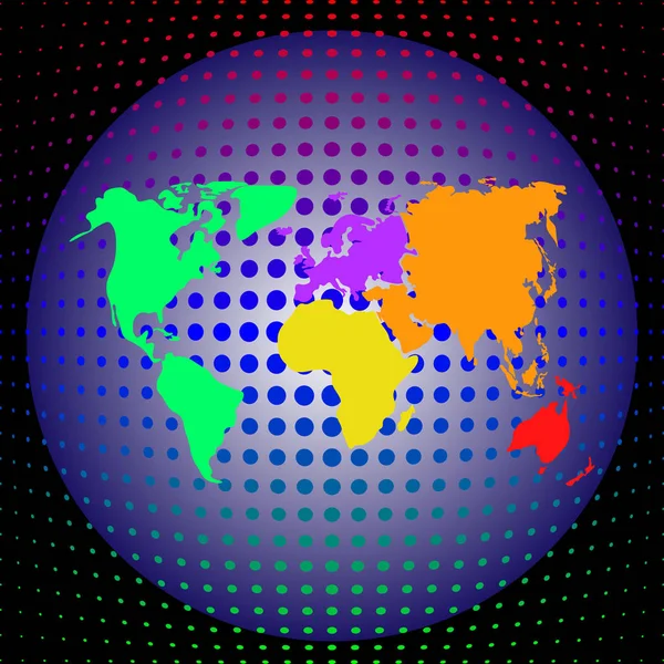 Mapa do mundo multicolorido vetorial com continentes no globo em um fundo escuro profundo . — Vetor de Stock