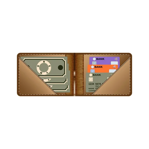 Un sac à main ouvert en cuir marron avec de l'argent et des cartes de crédit sur fond blanc. Illustration vectorielle . — Image vectorielle
