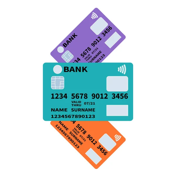 Jeu de cartes bancaires colorées sur fond blanc. Style plat vectoriel . — Image vectorielle