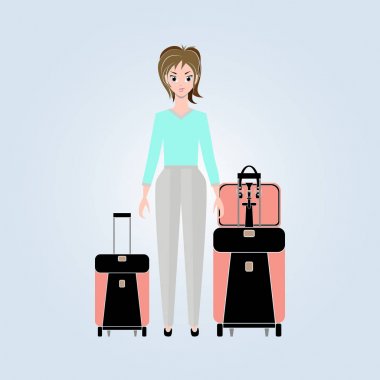 Bavul ile genç bir kadın ve bir seyahat çantası. Vektör düz stil.