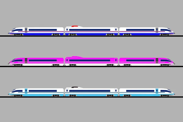 Een set van hogesnelheidstreinen van verschillende kleuren op een grijze achtergrond. Vector plat ontwerp. — Stockvector