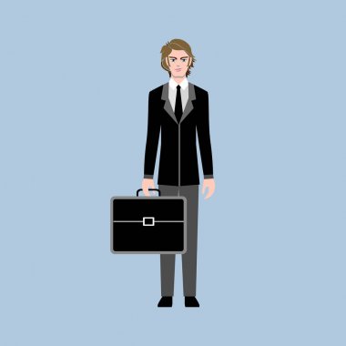 Genç iş çalışan siyah evrak çantalı adam ya da ofis. Vektör düz stil.