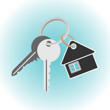 Halkalı ve evin iki anahtar vektör düz çizim Anahtarlık şeklinde. Modaya uygun sembolü konsept Emlak, İnşaat şirketleri, kiralama özelliği, yatırım, Web sitesi, app, UI, sosyal medya.